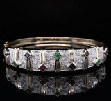 Vintage Sapphire Emerald Ruby Diamond 14k Gold hinged Bangle Val $9560