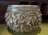 Antique Burmese Repousse Silver Large Bowl With Battle Scenes Late 19th C.