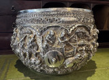 Antique Burmese Repousse Silver Large Bowl With Battle Scenes Late 19th C.