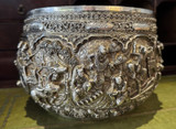 Antique Burmese Repousse Silver Large Bowl With Battle Scenes Late 19th C.