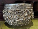 Antique Burmese Repousse Silver Large Bowl With Battle Scenes Late 19th C.