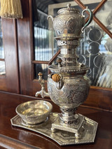 Antique 20th C. Persian Silver Hand-Chased Miniature Samovar With Tea Pot & Tray