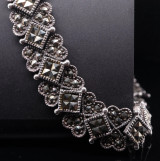 Vintage Heart Shaped Sterling Silver & Marcasite Set Links 41cm Collar Necklace