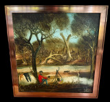 1970s Pro Hart “Swagman" Oil on Board Painting Framed 51.5cm x 51.5cm