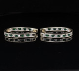 One Pair of 10K Gold Emerald & Diamond Oval Hoop Earrings Val $3295