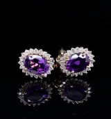 Vintage 14ct Yellow Gold 9mm Amethyst & Diamond Halo Ear Clips Val $5390
