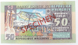 RARE Madagascar Specimen Note. 50F. Stamped, Punched, Overstamped. A1000000