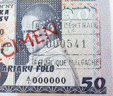 RARE Madagascar Specimen Note. 50F. Stamped, Punched, Overstamped. A1000000
