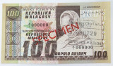 RARE Madagascar Specimen Note. 100F. Stamped, Punched, Overstamped. A1000000