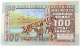 RARE Madagascar Specimen Note. 100F. Stamped, Punched, Overstamped. A1000000