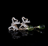 One Pair of 14K Gold 0.34ct Diamond Set Bow & Peridot Dangle Earrings Val $3730