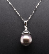 14K White Gold 10.5mm Tahitian Pearl & Diamond Set Pendant Val $4090