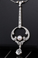 Antique Tiffany & Co. Platinum 18k Gold 2.19ct Old Cut Diamond & Pearl Necklace