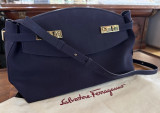 Auth. Ferragamo Large Pouch Mid Night Blue Soft Leather Clutch Bag 0766766