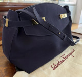 Auth. Ferragamo Large Pouch Mid Night Blue Soft Leather Clutch Bag 0766766