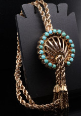 Vintage Egyptian Hallmarked 18k Gold Turquoise Set Tassel Bracelet c.1950s 26.3g