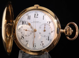C.1913 Antique Longines Single Button Chronograph 18K Gold Hunter Pocket Watch