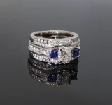 Vintage 14k White Gold Diamond & Sapphire Triple Bridal Ring Set sz L Val $9690