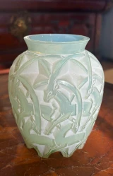 René Lalique Chamois Vase No.1075 Opalescent Celadon Glass c1931 Signed