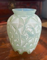René Lalique Chamois Vase No.1075 Opalescent Celadon Glass c1931 Signed