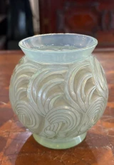 René Lalique Bresse Vase No. 1073 Celadon Green Grey Patina c1931 Signed France