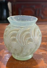 René Lalique Bresse Vase No. 1073 Celadon Green Grey Patina c1931 Signed France