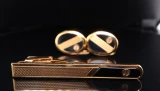 Vintage Dunhill Gold Plated Cufflinks & Tie Clip Set – Black Enamel – 19mm