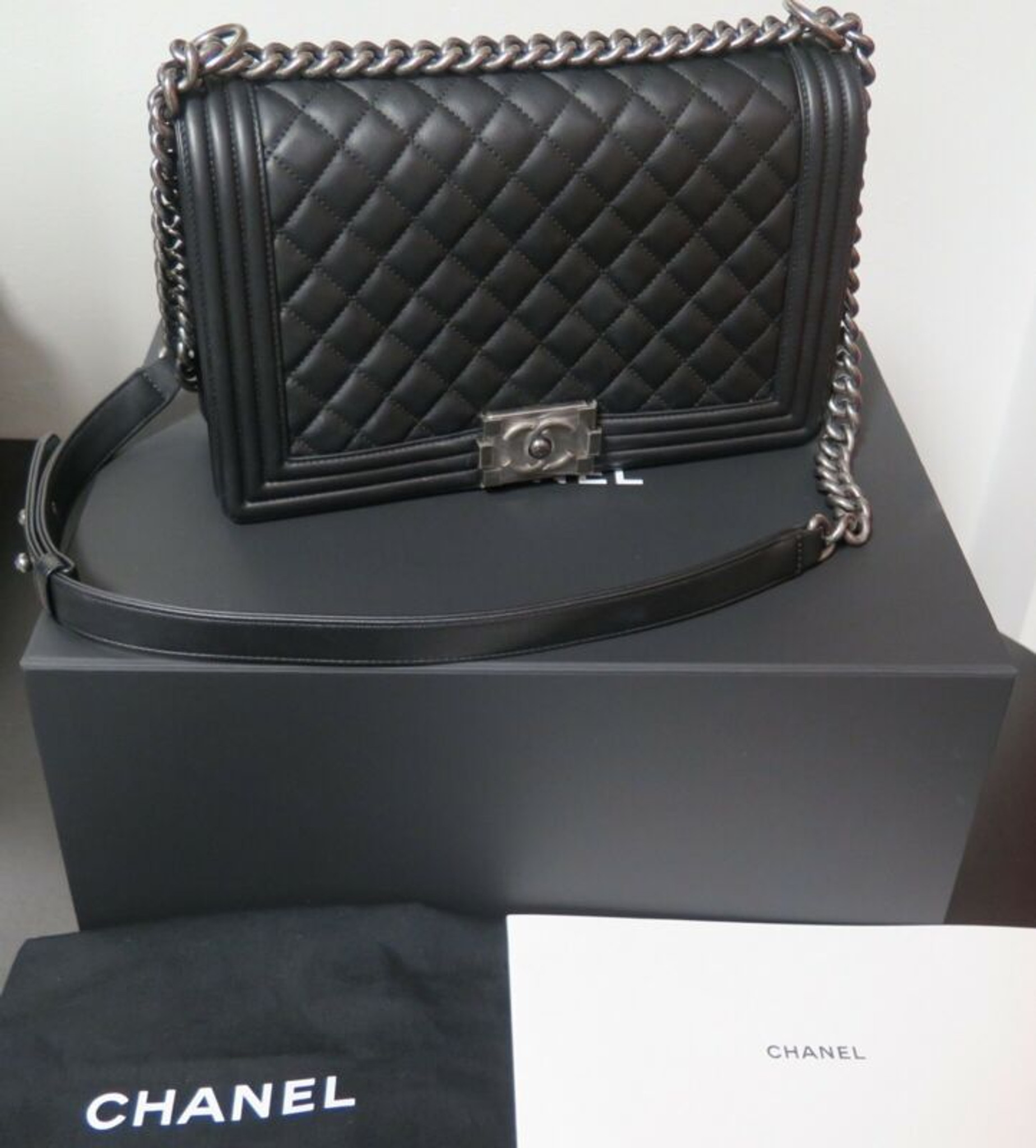 Chanel Medium Boy Bag Dark Grey Chevron Caviar Antique Gold Hardware   Madison Avenue Couture