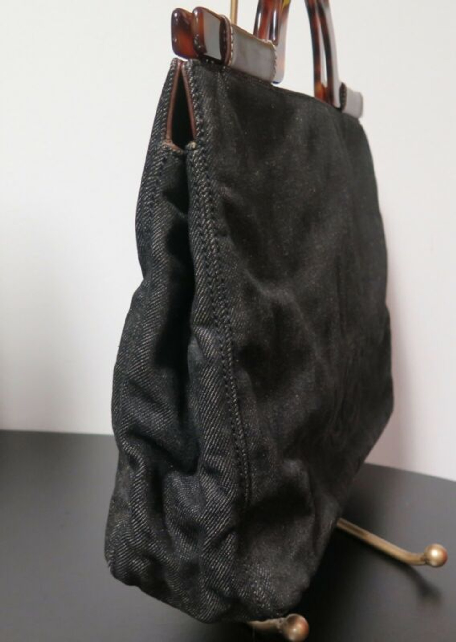 Vintage 1997-1999 Chanel Large Black Denim Tortoiseshell Hand Bag