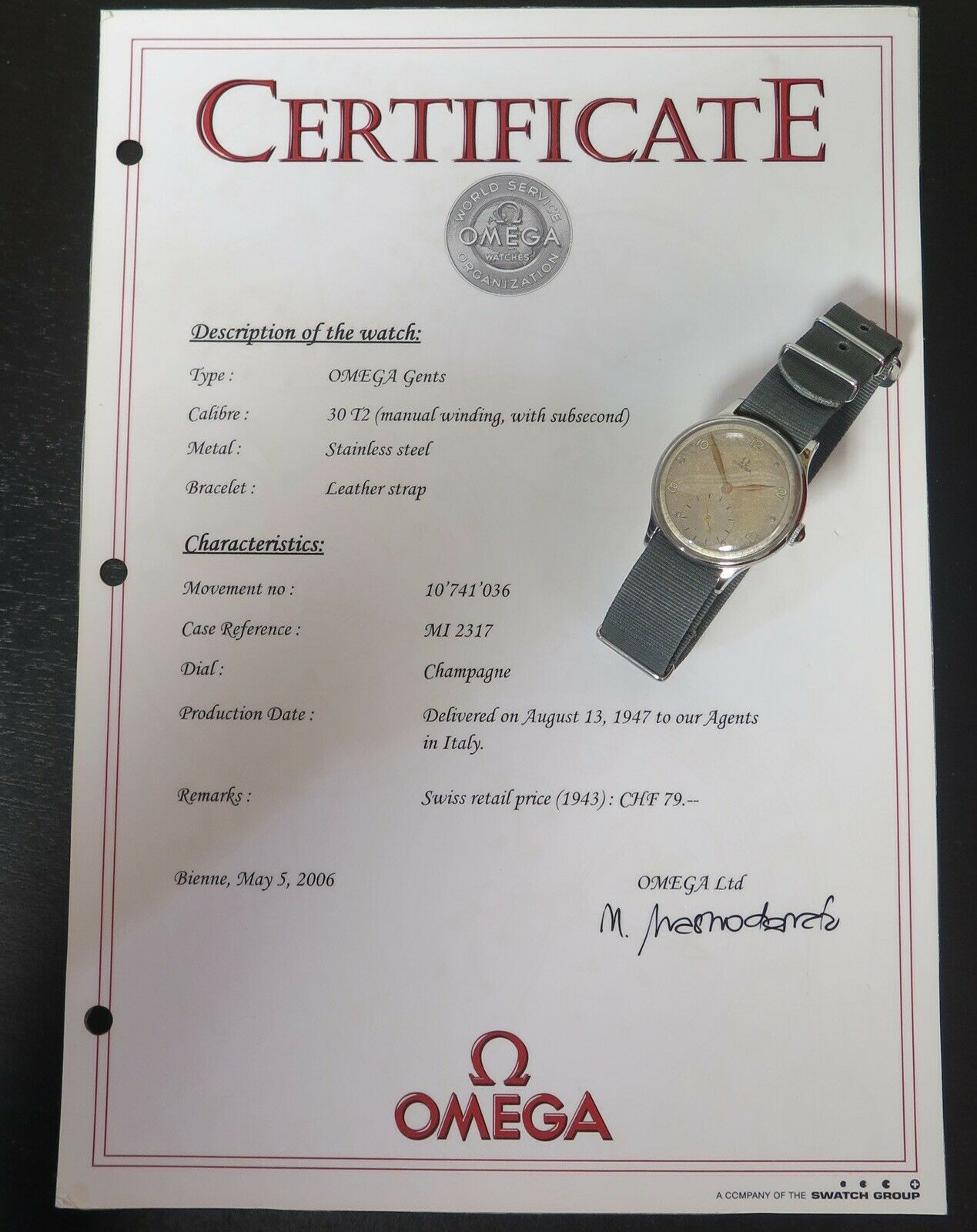 Vintage 1947 Italian Delivered Omega 