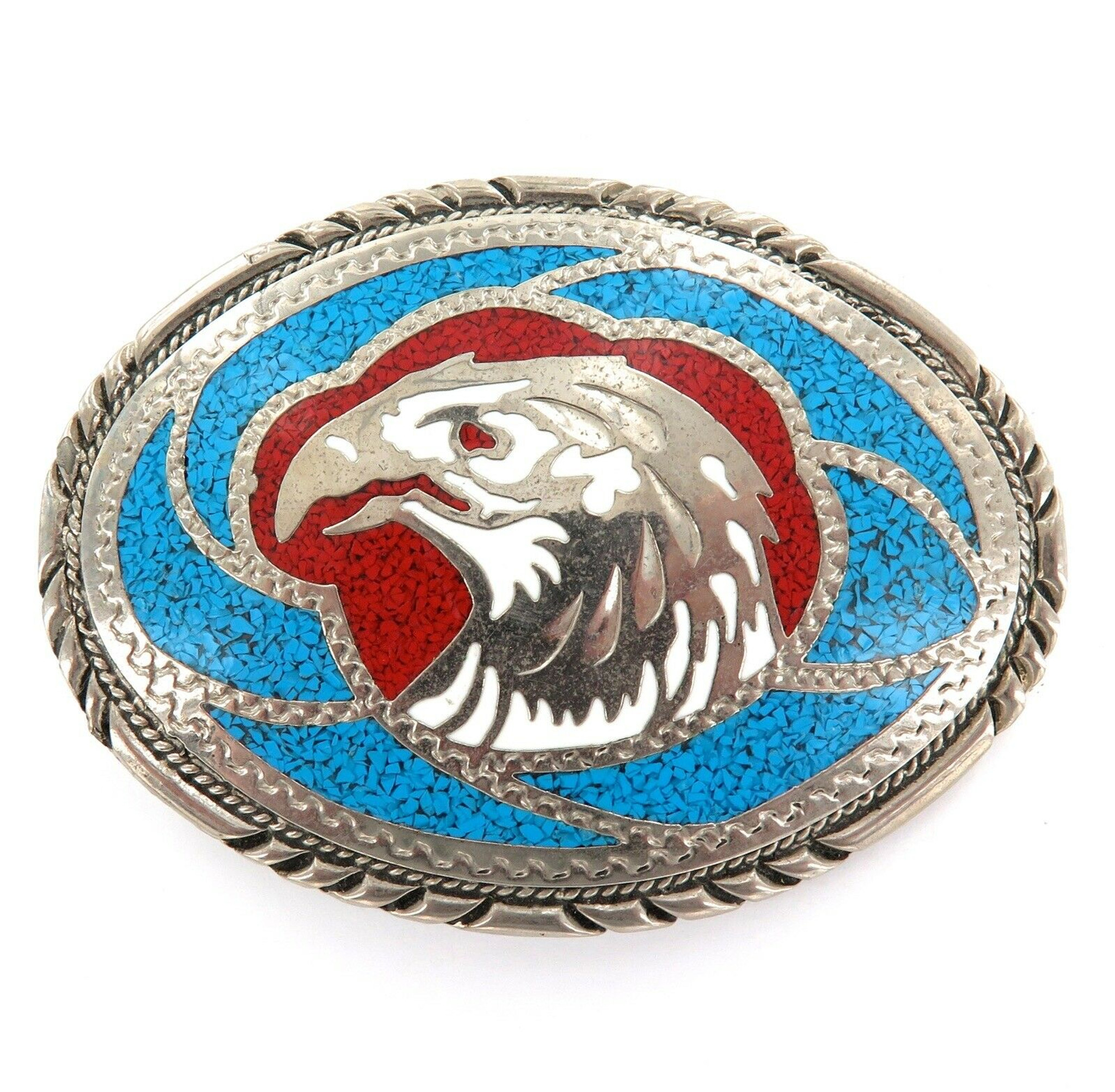 1988 STUNNING SSI HIGHLY INLAID HANDCRAFTED AMERICAN EAGLE LARGE BELT BUCKLE .