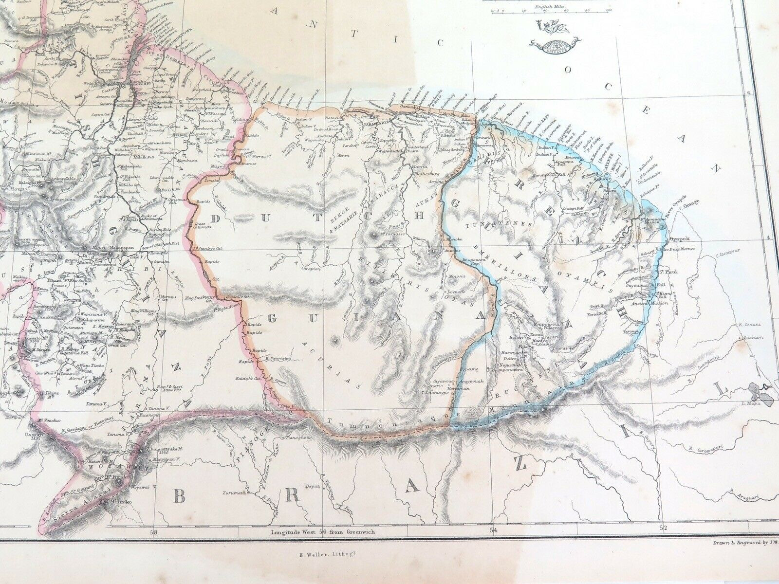 c1860 LARGE “WEEKLY DISPATCH ATLAS” MAP of GUIANA. BRITISH, DUTCH & FRENCH.
