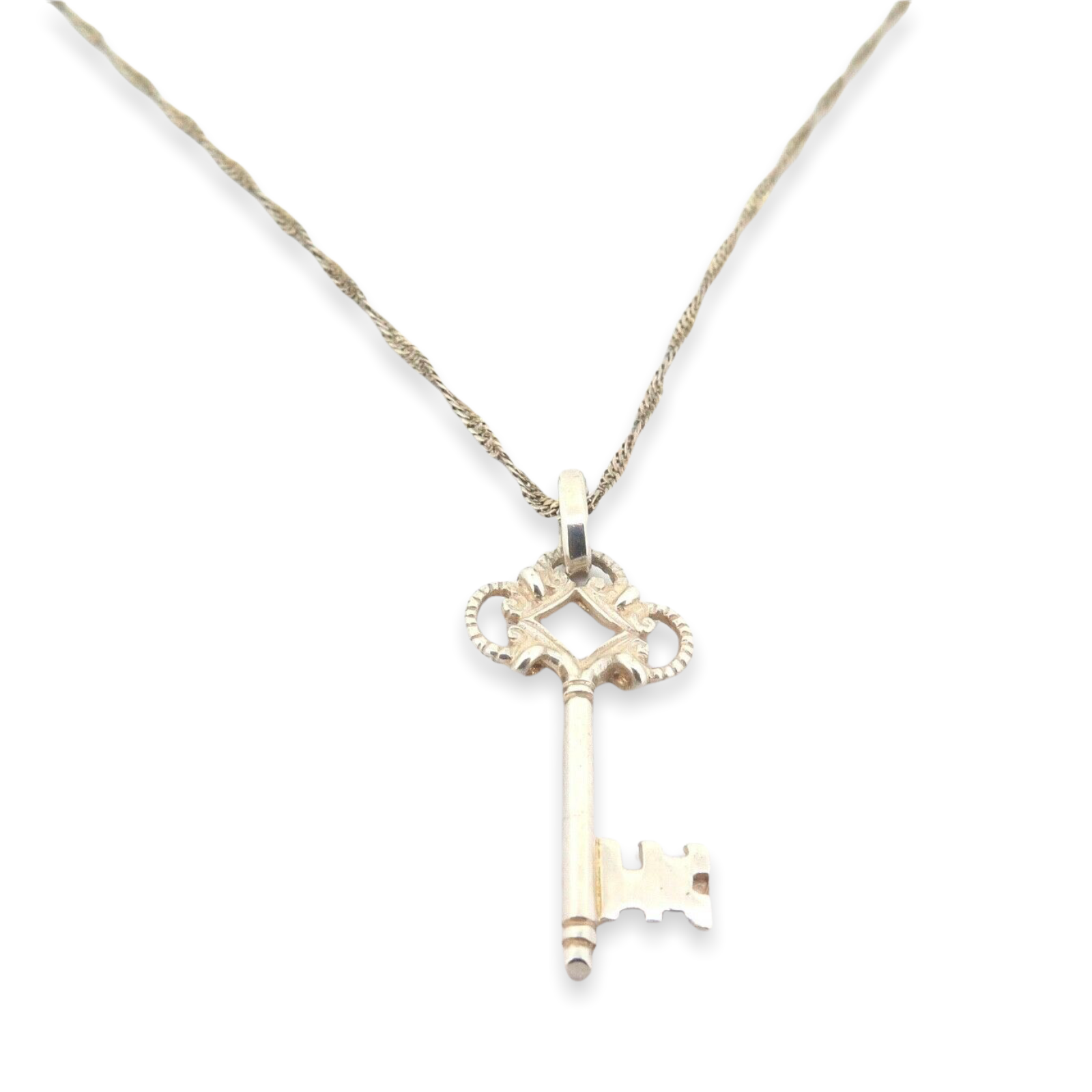 Sterling Silver Decorative Miniature Key Pendant & Sterling Fancy Chain