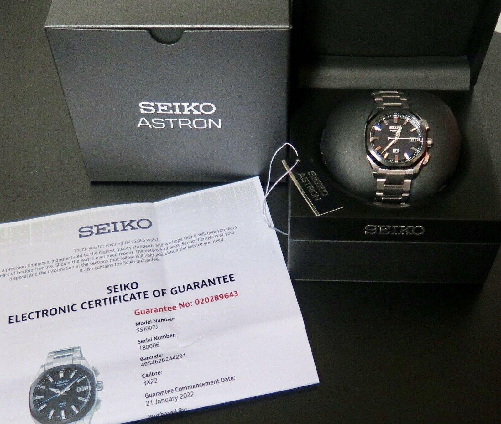 Seiko Astron GPS Solar 3 Hand Calendar Titanium Ceramic Watch SSJ007J1
