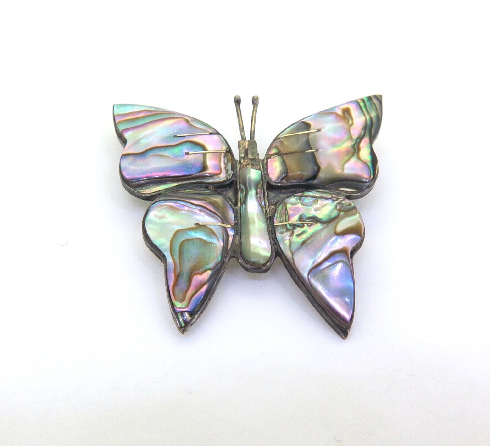 Vintage Abalone P ua Shell Sterling Silver Lg Butterfly Brooch