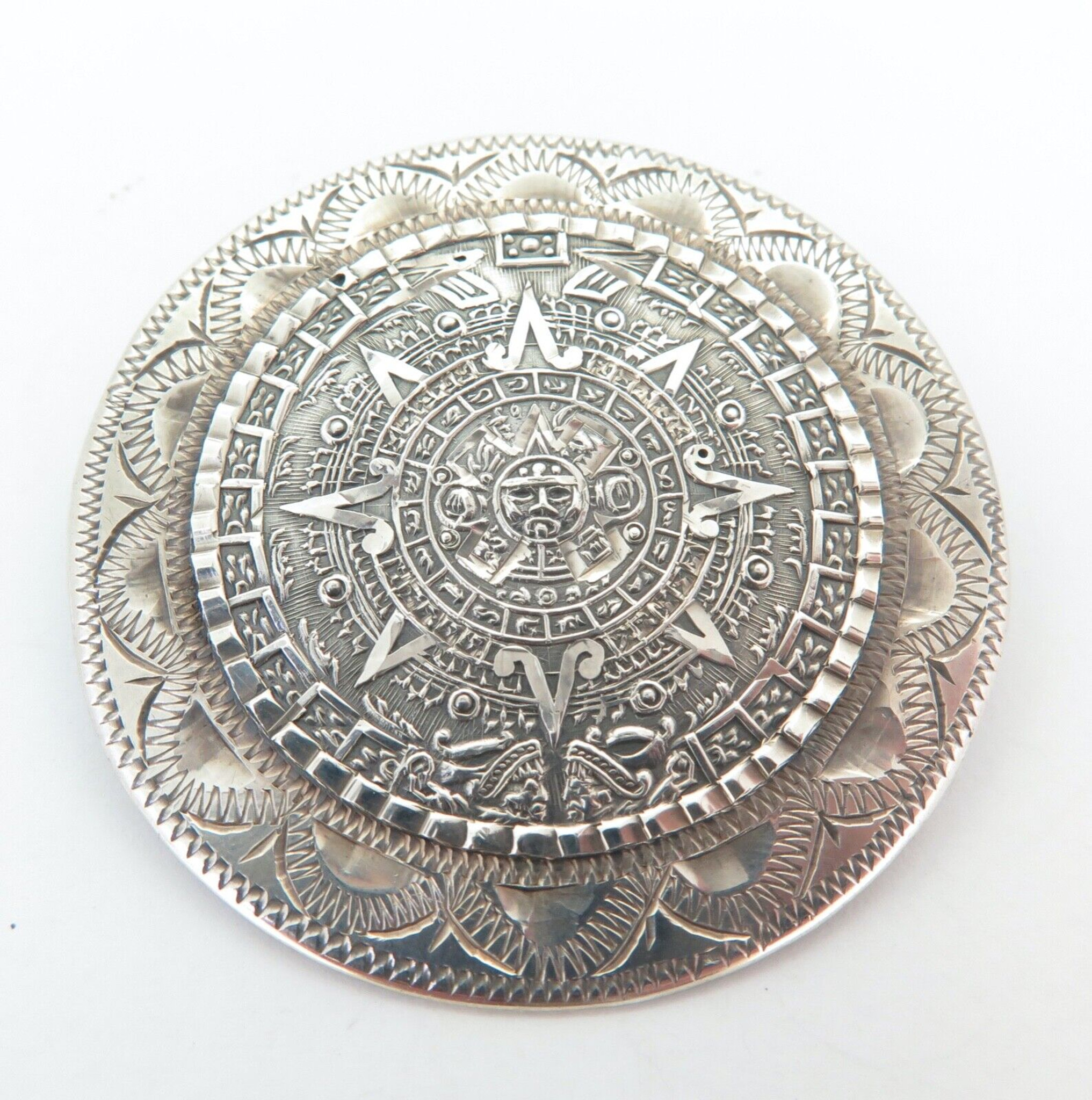 Quality Aztec Mayan Calendar Sterling Silver Brooch / Pendant 23.6g