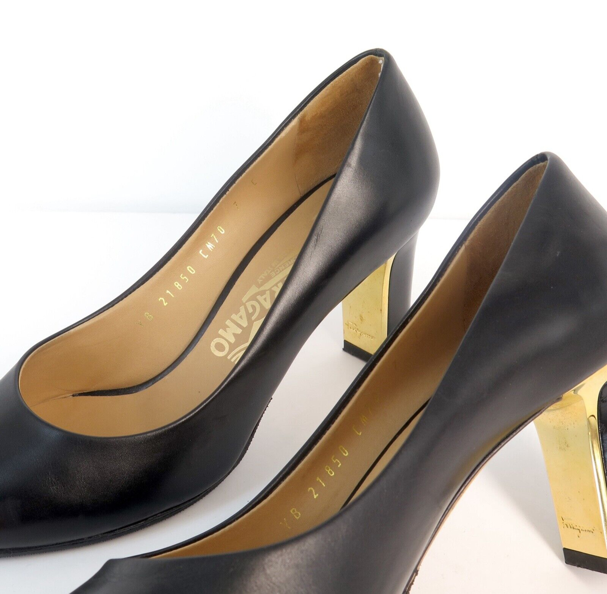 Salvatore Ferragamo Black and Gold-toned 'Tamina' Heels w original box.  Size 7 - Harrington & Co.