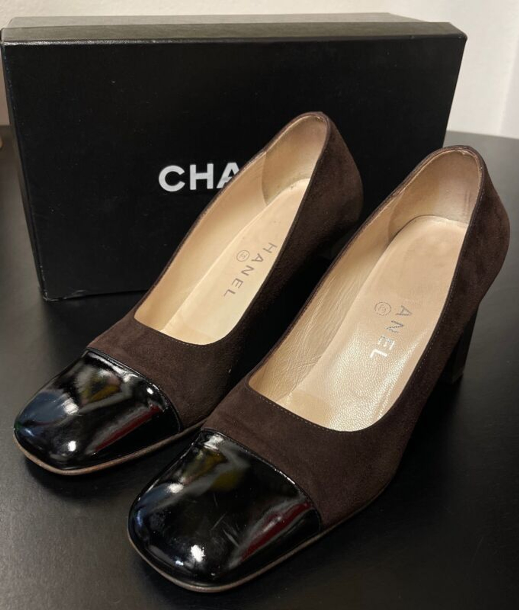 Auth. CHANEL CC Brown Suede & Black Leather Classic Pump Shoes Women's Size  37.5 - Harrington & Co.