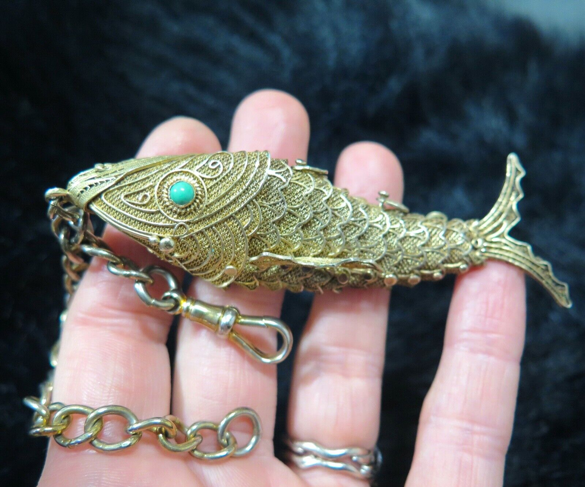 Vintage Articulated Sterling Silver & Turquoise Eyes Filigree Fish