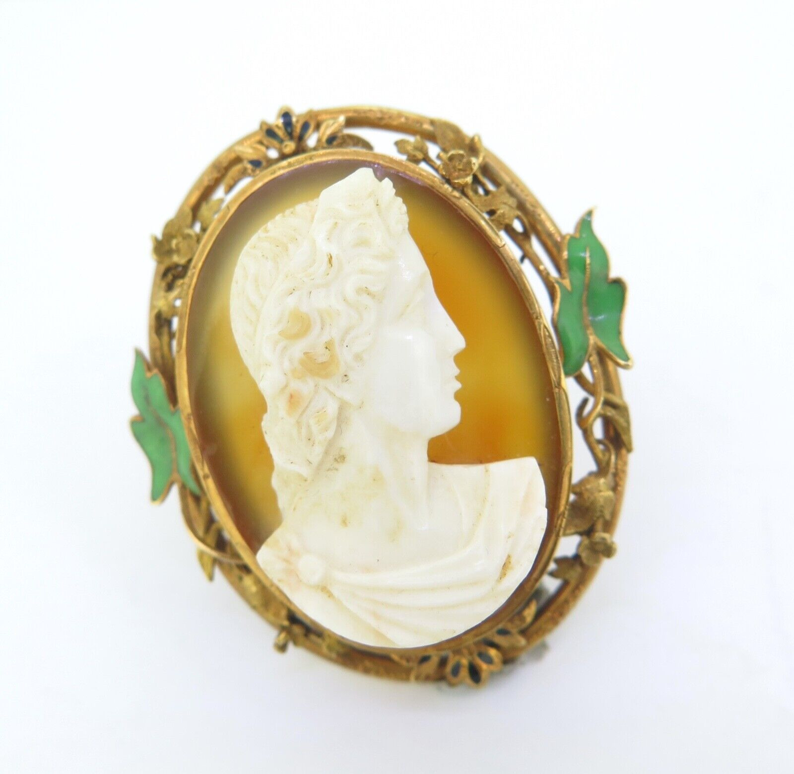 Antique 14ct Yellow Gold Agate Cameo Green Enamel Leaves Brooch