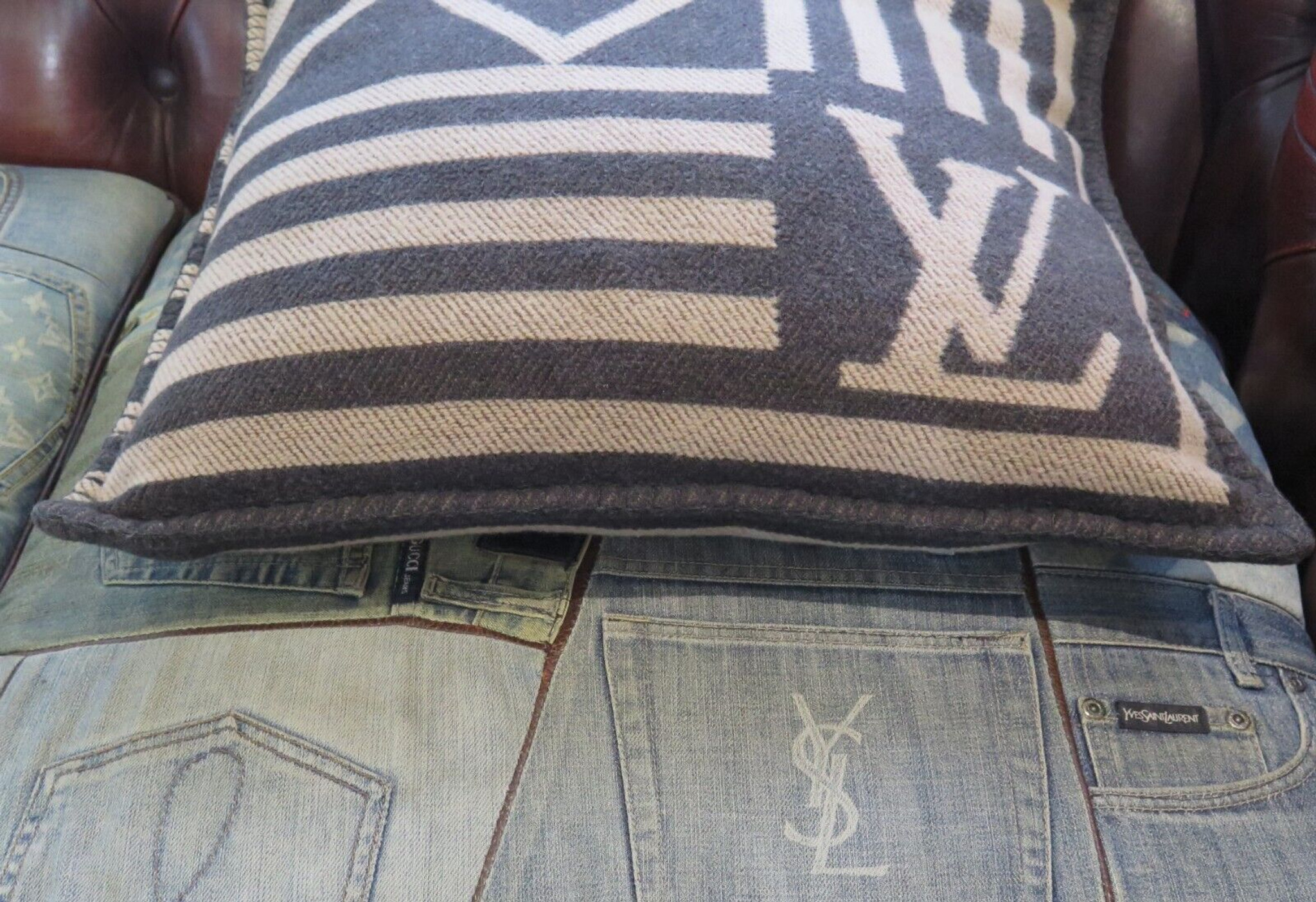 Authentic NEW Louis Vuitton Blue/Gray Wool Cashmere Cushion Pillow