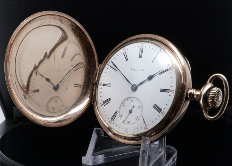 C.1907 Elgin Grade 312 Model 6 15J Gold Filled 16s Hunting Dog Pocket Watch Harrington & Co.