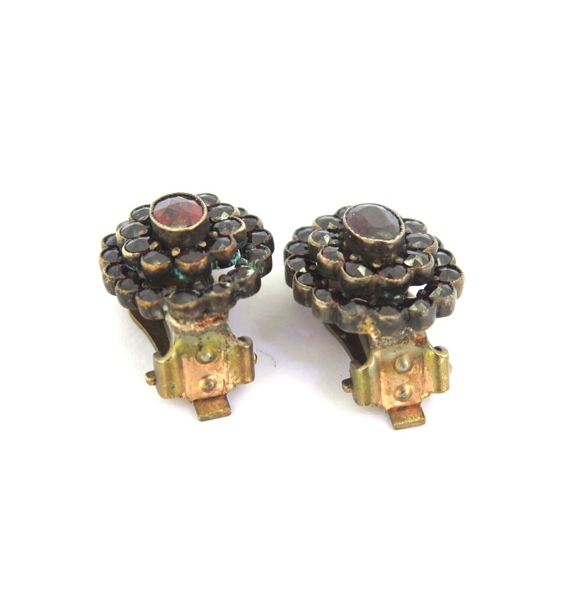Bohemian Sparkling Garnet Clip on Earrings Vintage Garnet Earrings 6.4g