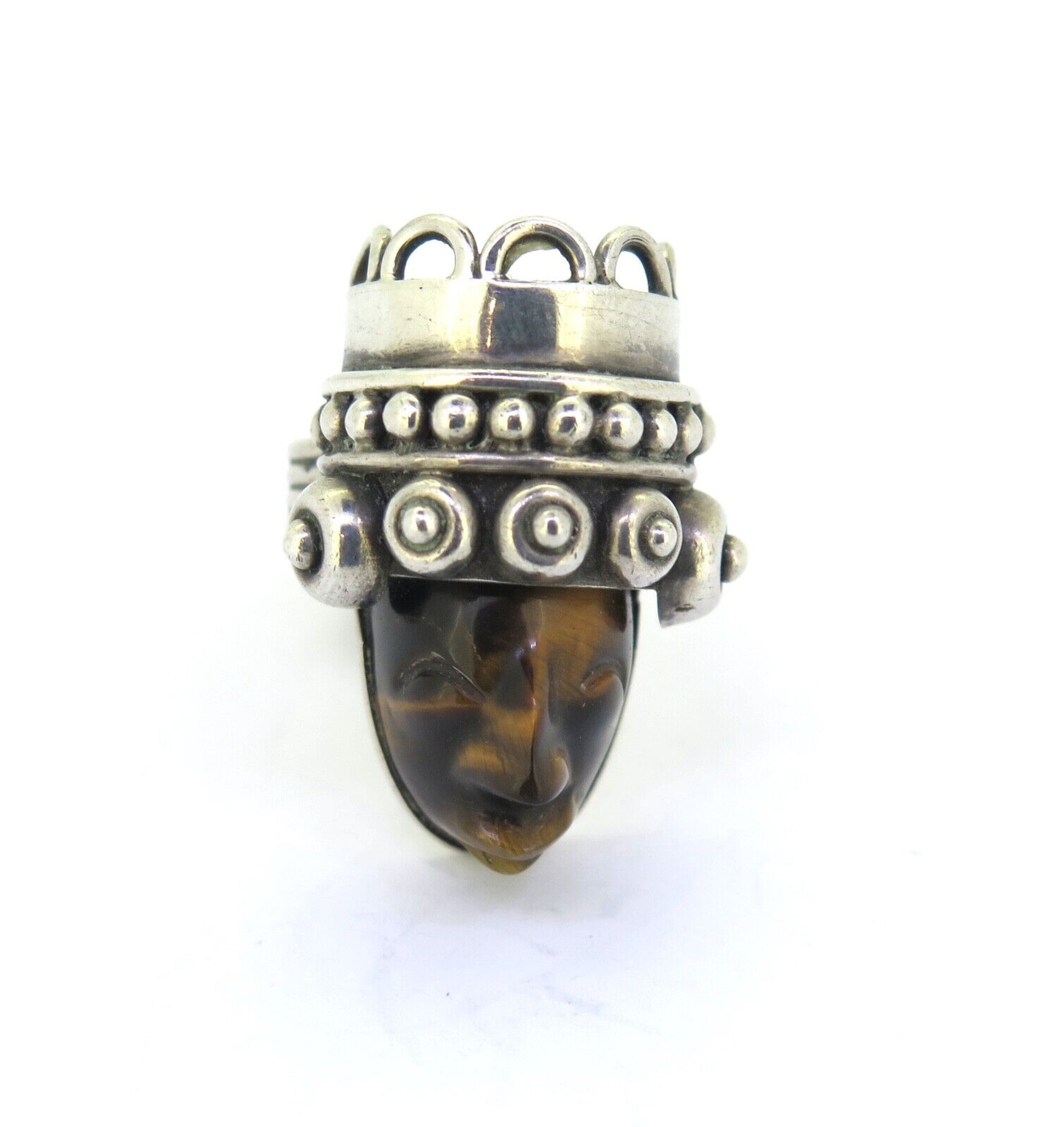 Beautiful Mexican Taxco Sterling Silver & Tiger Eye Carved Face