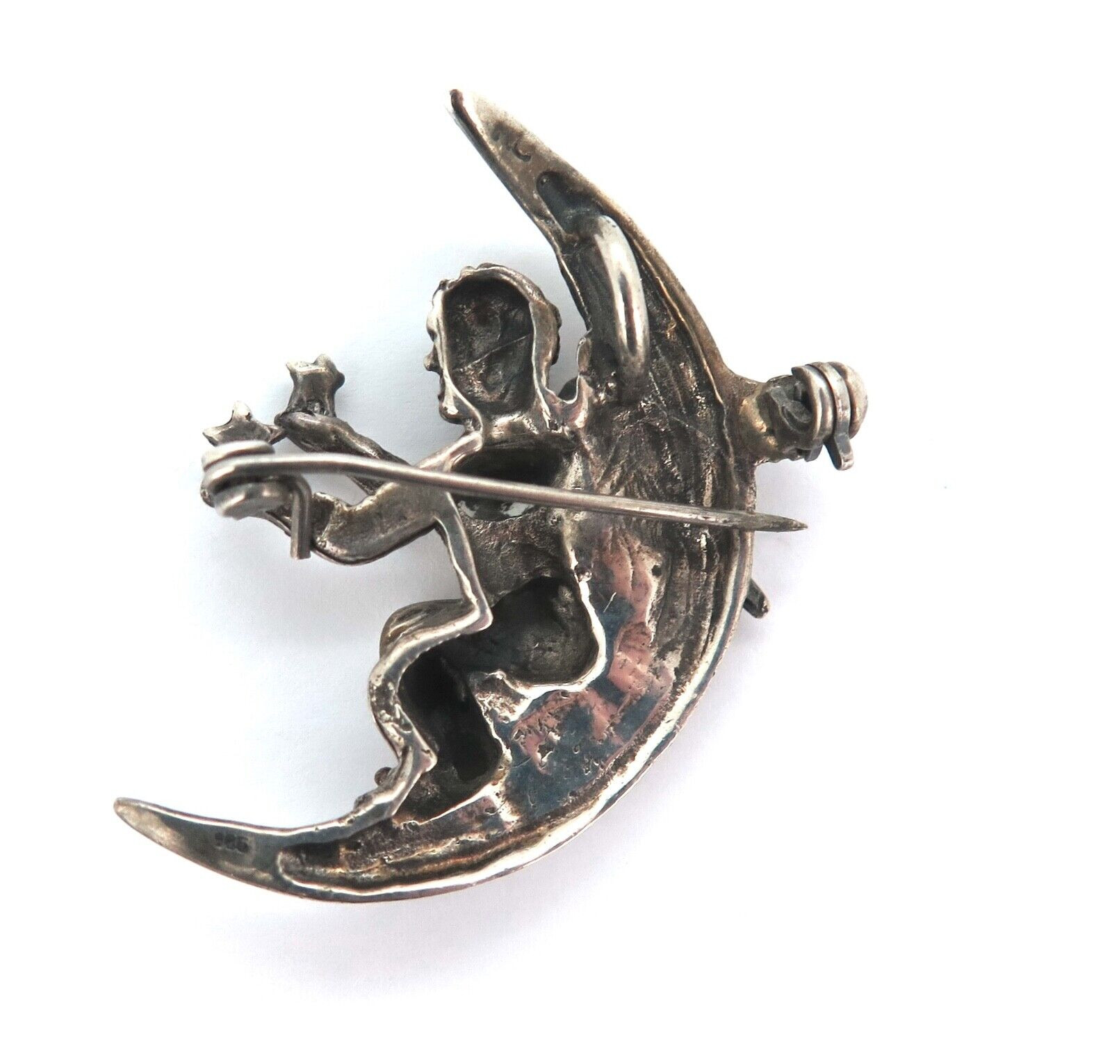 Vintage Sterling Silver Winged Cherub & Crescent Moon Pendant