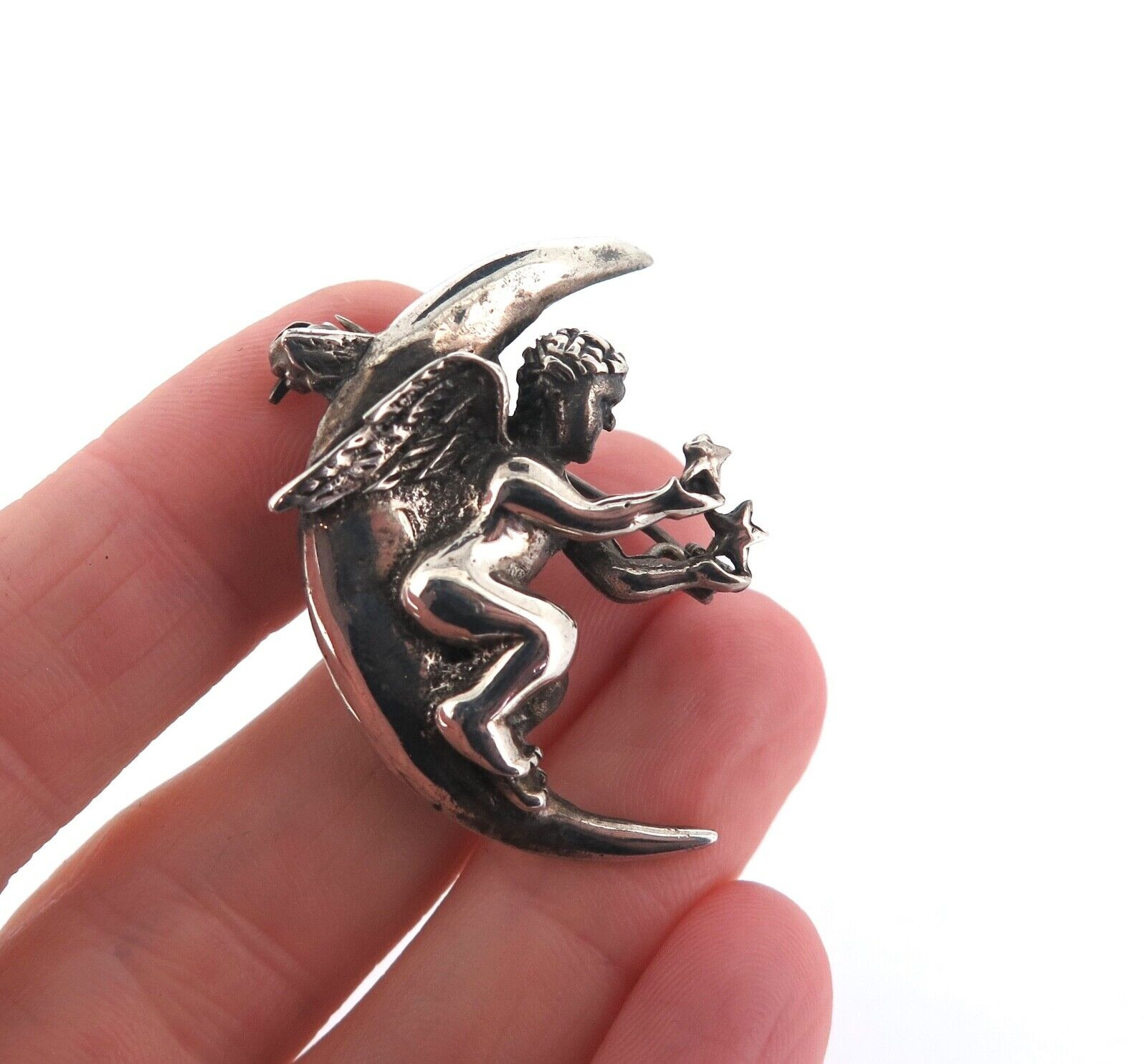 Vintage Sterling Silver Winged Cherub & Crescent Moon Pendant
