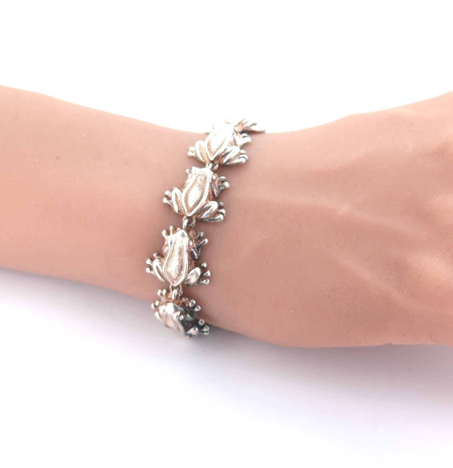 Vintage Mexican Sterling Silver Leaping Frog Link Bracelet Length