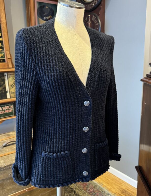 Vintage Chanel CC Button Cotton & Silk Navy Blue Cardigan Size 42