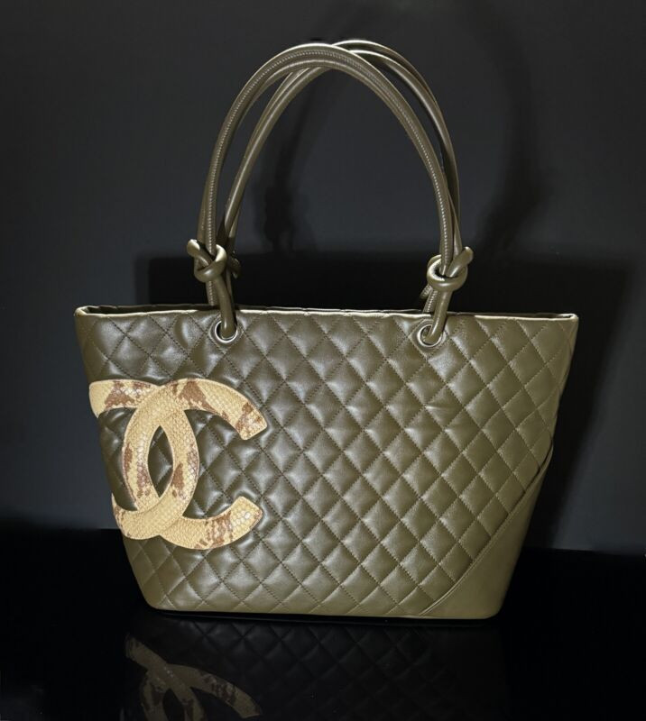 Authentic Chanel Olive Green Leather Python Ligne Cambon Tote