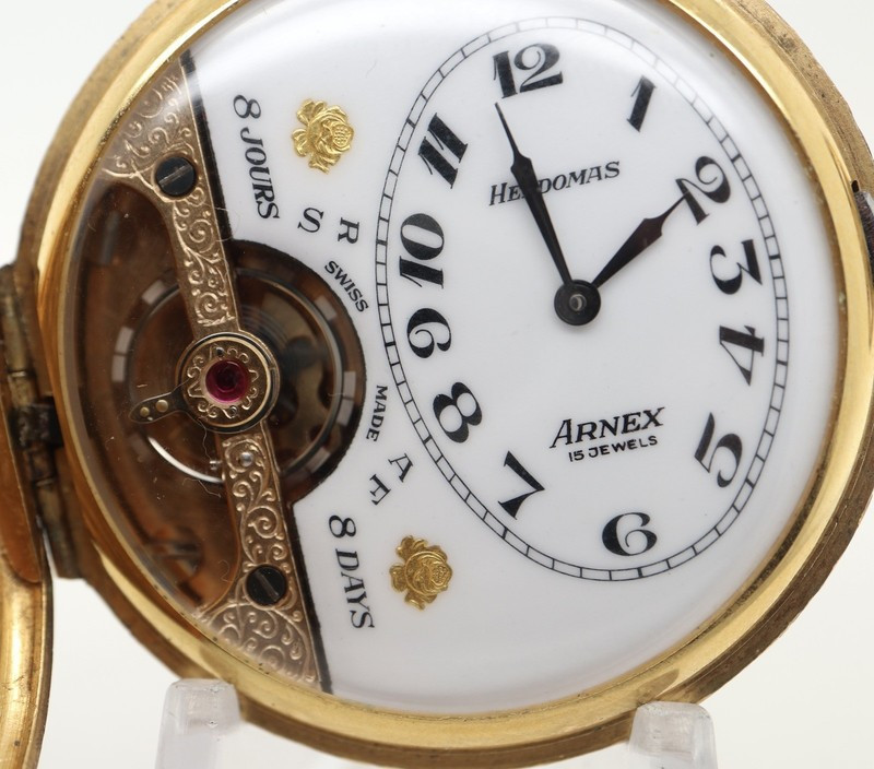RARE Antique Hebdomas Gold Plated Day 50mm 15J Hunter Pocket